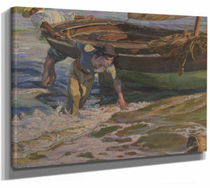 Jose Mongrell 14" x 11" / Stretched Canvas Wrap Beaching The Boat By Jose Mongrell