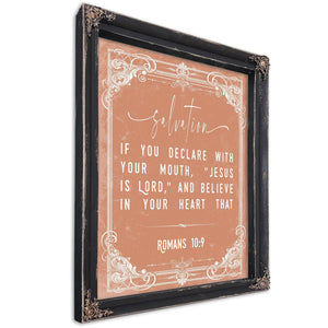 Bella Frye 11 x 14 inches / Black Frame Romans 10:9 Bible Verse Wall Art – Confess and Believe – Christian Salvation Print