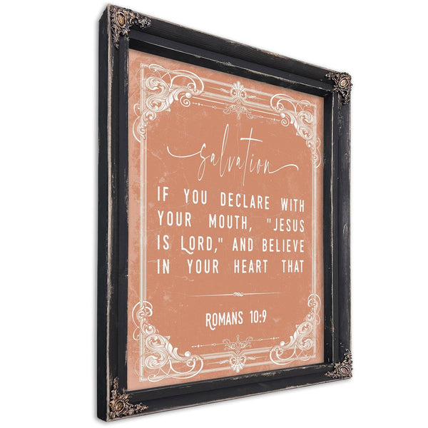 Bella Frye 11 x 14 inches / Black Frame Romans 10:9 Bible Verse Wall Art – Confess and Believe – Christian Salvation Print