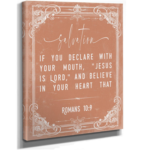 Bella Frye 11 x 14 inches / Stretched Canvas Wrap Romans 10:9 Bible Verse Wall Art – Confess and Believe – Christian Salvation Print