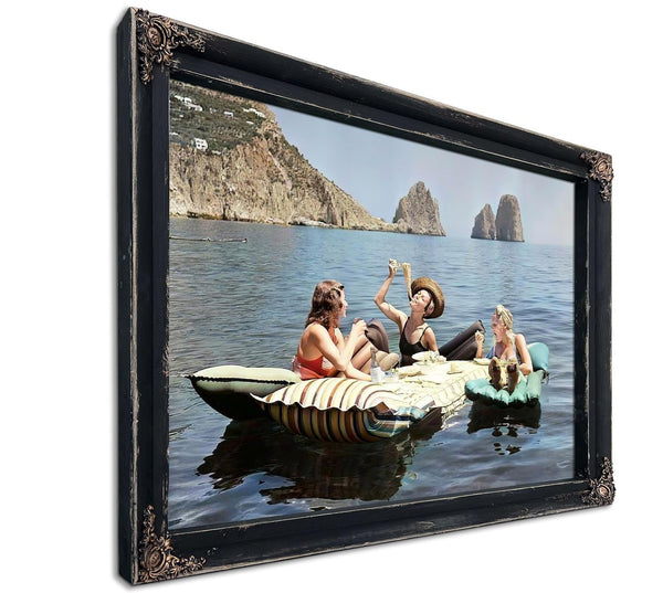 Bella Frye 24" x 18" / Black Frame Women Eating Pasta, Color Photograph of Three Women Eating Spaghetti, Fun Kitchen Art