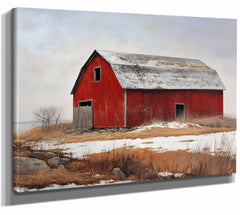 Bella Frye 24" x 18" / Stretched Canvas Wrap Framed Classic Red Barn On The Hill Art - Vintage Artwork Print