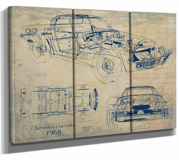 Bella Frye Home & Garden > Decor > Artwork 36" x 24" / 3 Panel Canvas Wrap / Blue 1968 Chevrolet Corvette  Original Artwork