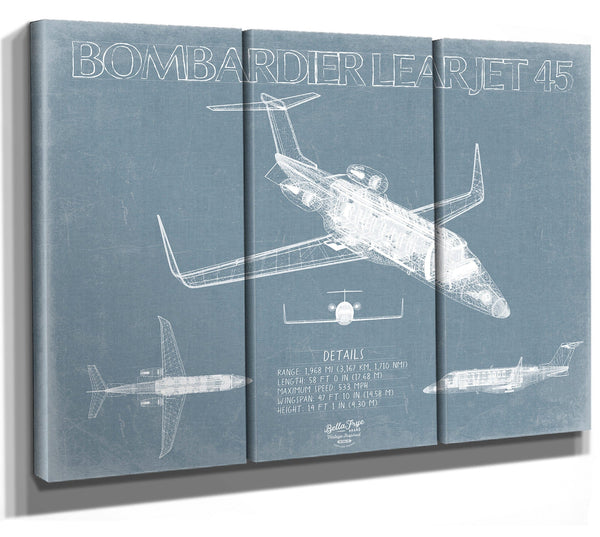Bella Frye Home & Garden > Decor > Artwork 60" x 40" / 3 Panel Canvas Wrap Learjet 45 Aircraft Blueprint Wall Art - Original Airplane Print