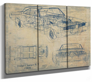 Bella Frye Home & Garden > Decor > Artwork 36" x 24" / 3 Panel Canvas Wrap / Blue Dodge Charger RT 1969 Original Artwork