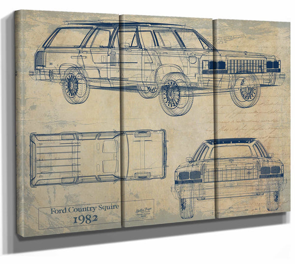 Bella Frye Home & Garden > Decor > Artwork 36" x 24" / 3 Panel Canvas Wrap / Blue Ford Country Squire 1982 1986  Original Artwork
