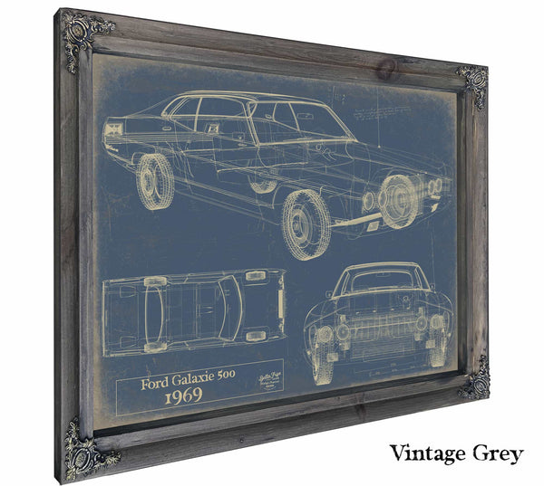 Bella Frye Home & Garden > Decor > Artwork 24" x 18" / Grey Frame / Blue Ford Galaxie 500 Fastback 1969  Original Artwork