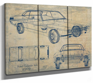 Bella Frye Home & Garden > Decor > Artwork 36" x 24" / 3 Panel Canvas Wrap / Blue Ford Galaxie 500 Fastback 1969  Original Artwork