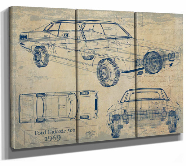 Bella Frye Home & Garden > Decor > Artwork 36" x 24" / 3 Panel Canvas Wrap / Blue Ford Galaxie 500 Fastback 1969  Original Artwork