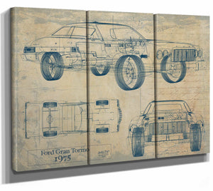 Bella Frye Home & Garden > Decor > Artwork 36" x 24" / 3 Panel Canvas Wrap / Blue Ford Gran Torino 1975 Starsky N Hutch  Original Artwork