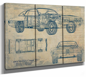 Bella Frye Home & Garden > Decor > Artwork 36" x 24" / 3 Panel Canvas Wrap / Blue Mercury Cougar Xr 7 With Hq Interior 1969  Original Artwork