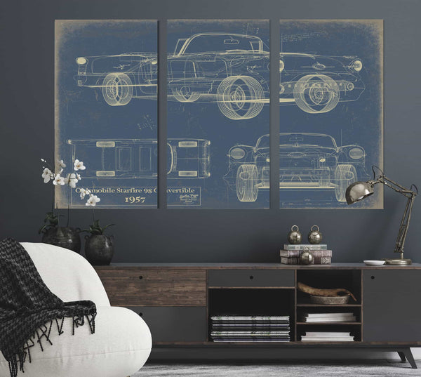 Bella Frye Home & Garden > Decor > Artwork 36" x 24" / 3 Panel Canvas Wrap / Blue Oldsmobile Starfire 98 Convertible 1957  Original Artwork