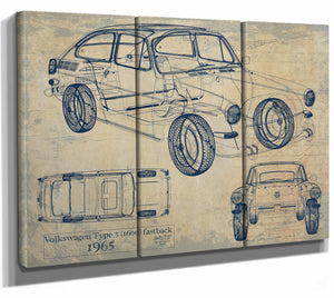 Bella Frye Home & Garden > Decor > Artwork 36" x 24" / 3 Panel Canvas Wrap / Blue Volkswagen Type 3 (1600) Fastback 1965  Original Artwork