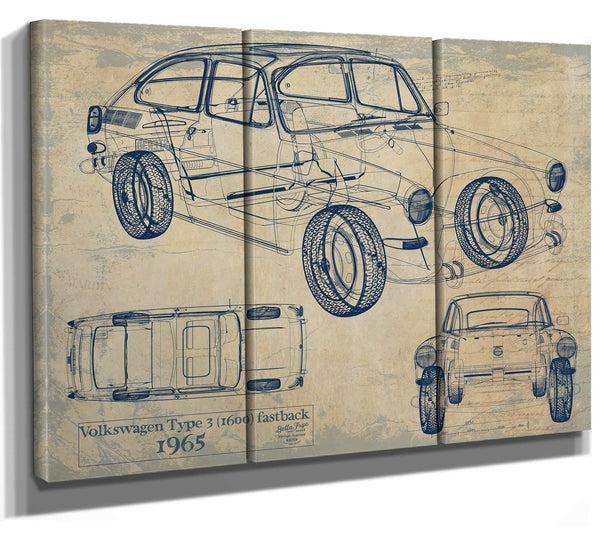 Bella Frye Home & Garden > Decor > Artwork 36" x 24" / 3 Panel Canvas Wrap / Blue Volkswagen Type 3 (1600) Fastback 1965  Original Artwork