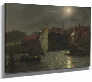 Andreas Achenbach 14" x 11" / Stretched Canvas Wrap Boats On A Canal Moonlight By Andreas Achenbach