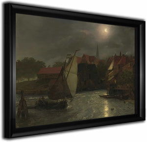 Boats On A Canal Moonlight By Andreas Achenbach