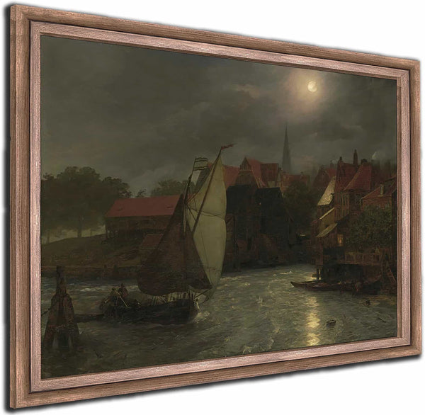 Boats On A Canal Moonlight By Andreas Achenbach