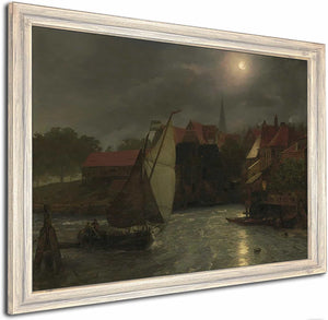 Boats On A Canal Moonlight By Andreas Achenbach