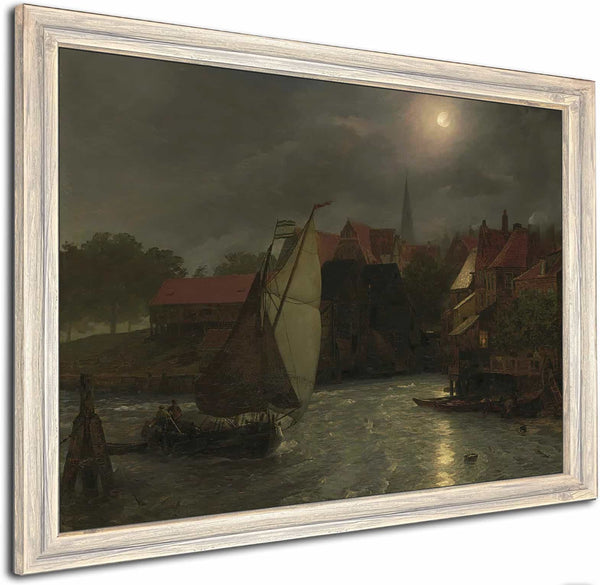 Boats On A Canal Moonlight By Andreas Achenbach