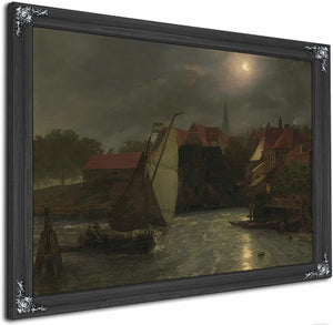 Boats On A Canal Moonlight By Andreas Achenbach