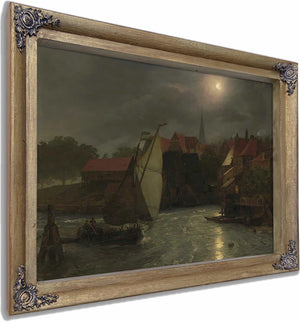 Boats On A Canal Moonlight By Andreas Achenbach