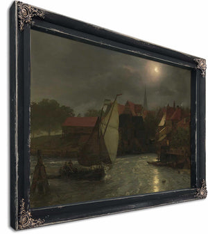 Boats On A Canal Moonlight By Andreas Achenbach