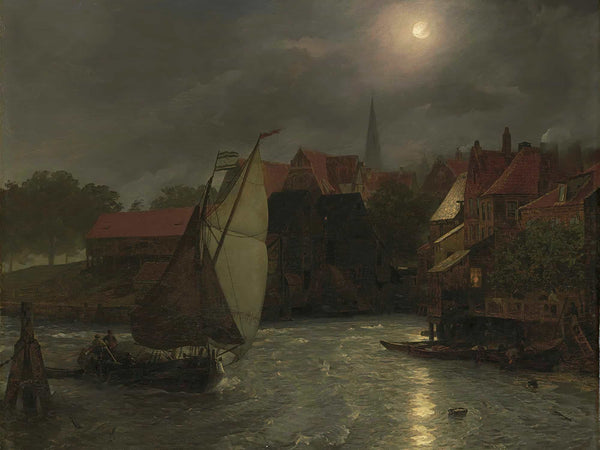 Andreas Achenbach Boats On A Canal Moonlight By Andreas Achenbach