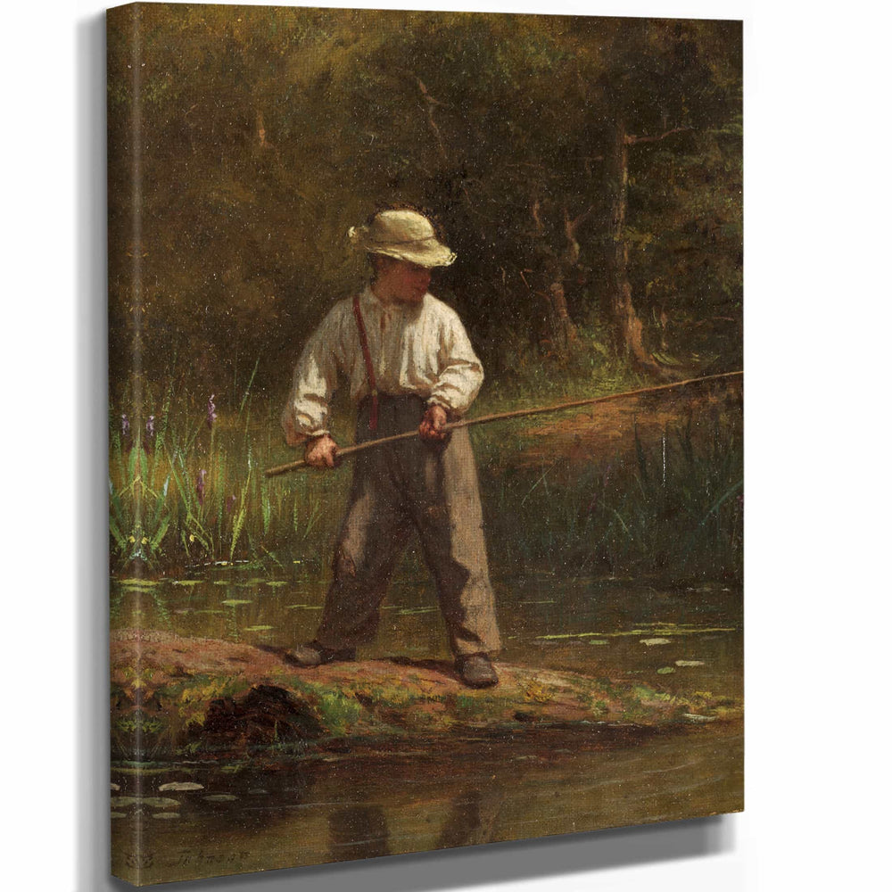 Eastman Johnson 11" x 14" / Stretched Canvas Wrap Boy Fishing By Eastman Johnson