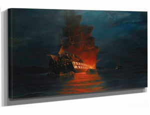 Constantinos Volanakis 18" x 12" / Stretched Canvas Wrap Burning Of A Turkish Flagship By Constantinos Volanakis