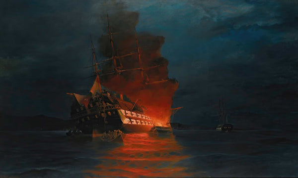 Constantinos Volanakis 18" x 12" / Unframed Paper Burning Of A Turkish Flagship By Constantinos Volanakis