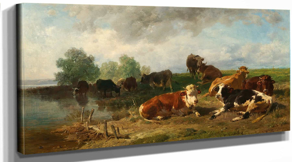 Anton Braith Cattle Resting On The Lakeside By Anton Braith