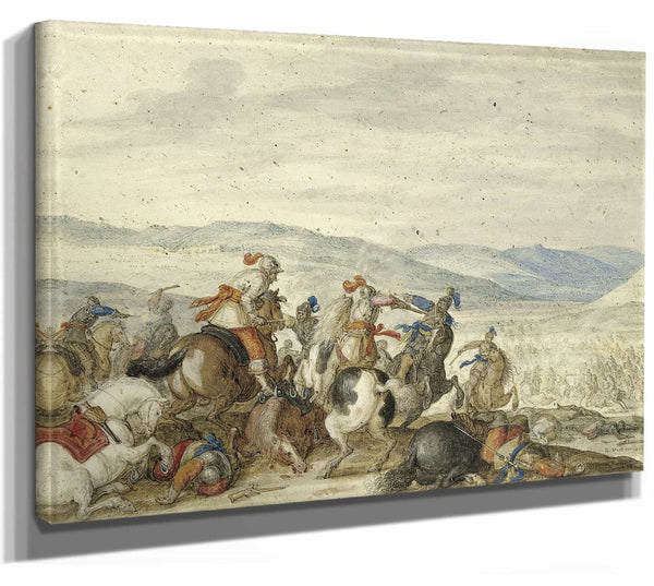 Bartholomaus Dietterlin 14" x 11" / Stretched Canvas Wrap Cavalry Skirmish Mountainous Landscape By Bartholomaus Dietterlin