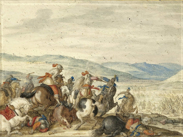 Bartholomaus Dietterlin Cavalry Skirmish Mountainous Landscape By Bartholomaus Dietterlin