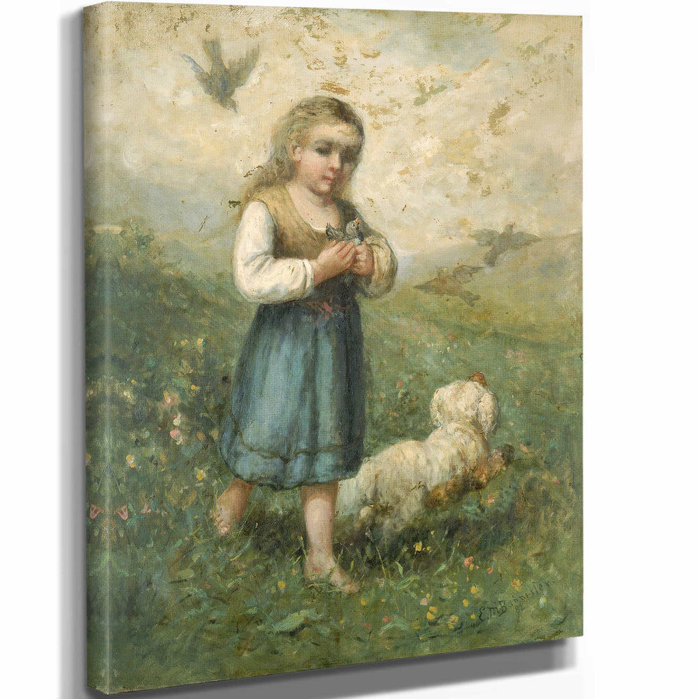 Edward Mitchell Bannister 11" x 14" / Stretched Canvas Wrap Child With Birds And Dog By Edward Mitchell Bannister