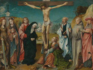 Cornelis Engebrechtsz Christ On The Cross With Mary John Mary Magdalene And Sts Cecilia And Barbara And Peter Francis And Jerome By Cornelis Engebrechtsz