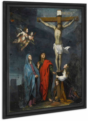 Christ On The Cross With Saint John And Mary Magdalene By Follower Of Jacques Stella