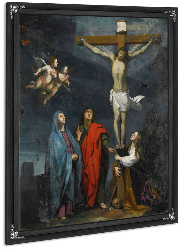 Christ On The Cross With Saint John And Mary Magdalene By Follower Of Jacques Stella