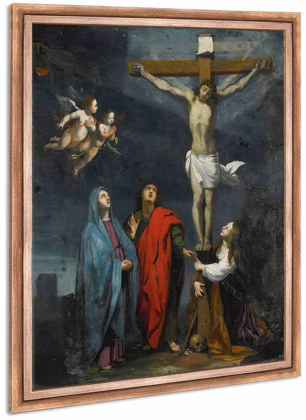 Christ On The Cross With Saint John And Mary Magdalene By Follower Of Jacques Stella