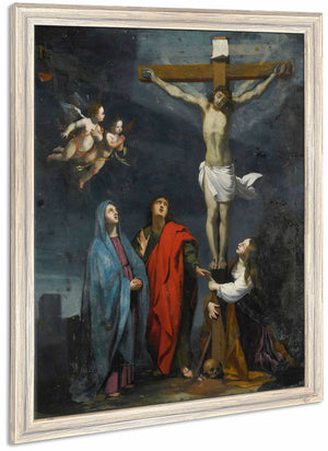 Christ On The Cross With Saint John And Mary Magdalene By Follower Of Jacques Stella