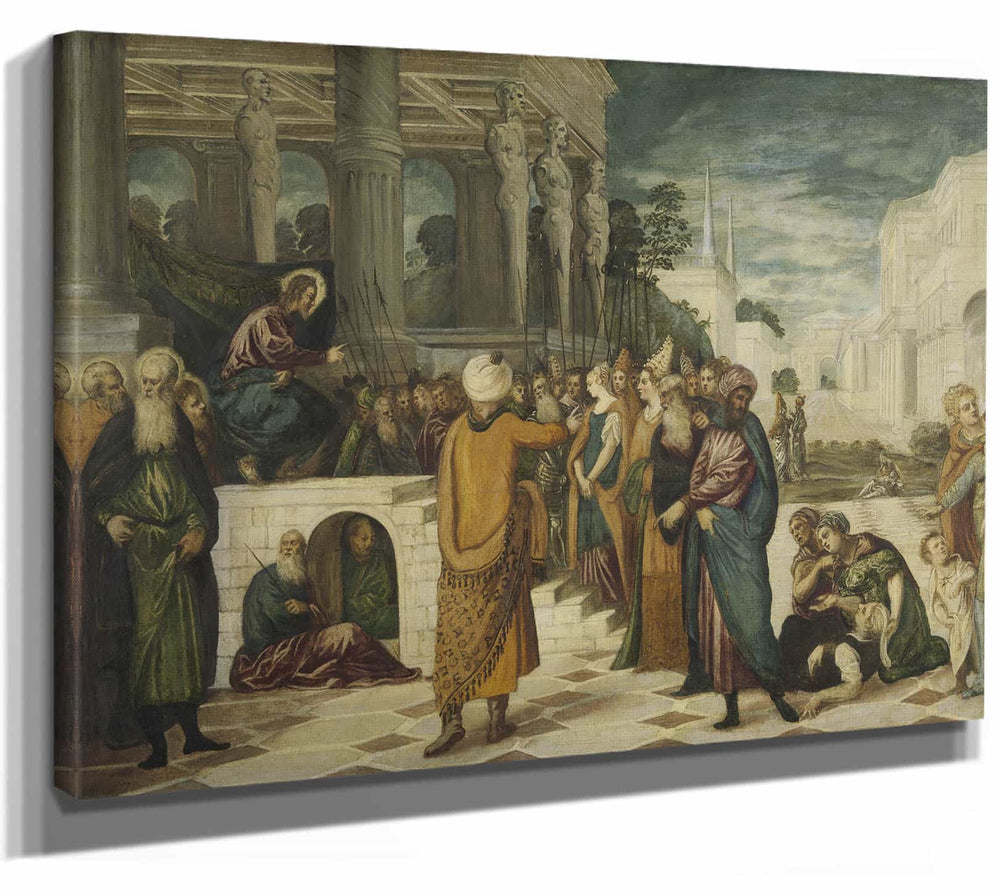 Workshop Of Jacopo Tintoretto 14" x 11" / Stretched Canvas Wrap Christ With The Adulterous Woman By Workshop Of Jacopo Tintoretto