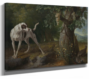 Dog Pointing Partrideges In A Landscape By Alexandre Francois Desportes