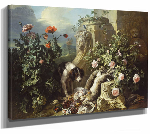 Alexandre Francois Desportes 14" x 11" / Stretched Canvas Wrap Dogs With Flowers And Dead Game By Alexandre Francois Desportes