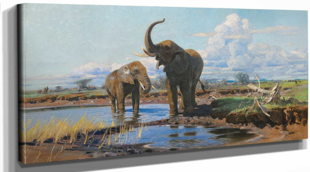 Wilhelm Kuhnert Elephants At A Waterhole By Wilhelm Kuhnert