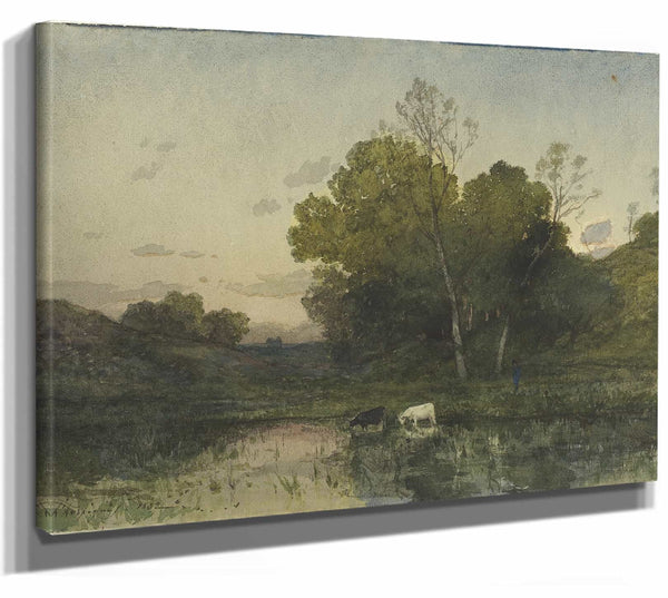 Evening Light On A Wooded Lakeside With Cattle Drinking By Henri Joseph Harpignies