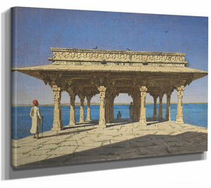 Vasily Vereshchagin 14" x 11" / Stretched Canvas Wrap Evening On A Lake A Pavilion On The Marble Embankment In Rajnagar By Vasily Vereshchagin