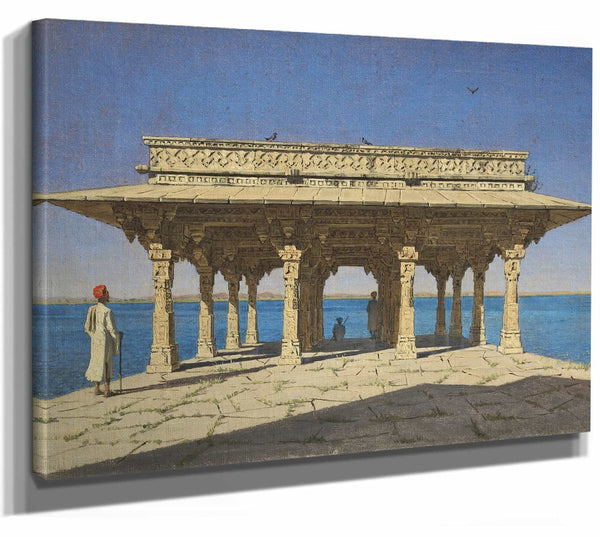 Vasily Vereshchagin 14" x 11" / Stretched Canvas Wrap Evening On A Lake A Pavilion On The Marble Embankment In Rajnagar By Vasily Vereshchagin