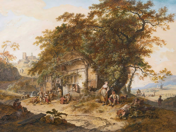 Hendrik Meijer Extensive Landscape With Peasants Resting Before A Tavern Others Harvesting In The Distance And A Church On A Hill Behind By Hendrik Meijer