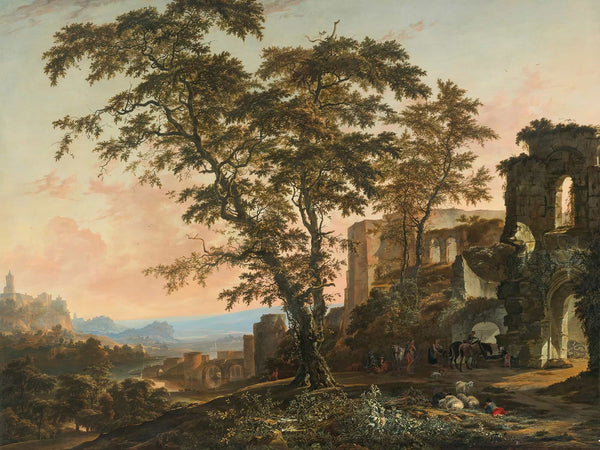 Hendrik Van Minderhout Extensive Rhenish Landscape With Peasants And Animals Resting In The Shade Of Romanesque Ruins By Hendrik Van Minderhout