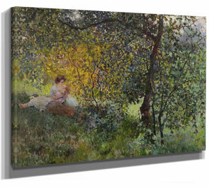 Luis Graner I Arrufi 14" x 11" / Stretched Canvas Wrap Family Resting In A Park By Luis Graner I Arrufi