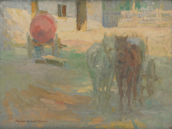 Elemir Halasz Hradil Farm Yard With Yoked Horses By Elemir Halasz Hradil